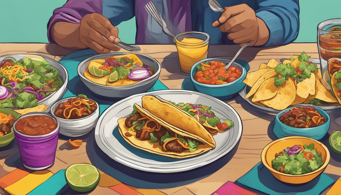 A colorful table set with tacos, various toppings, and utensils, with a person sitting nearby, ready to enjoy the art of holding and eating tacos