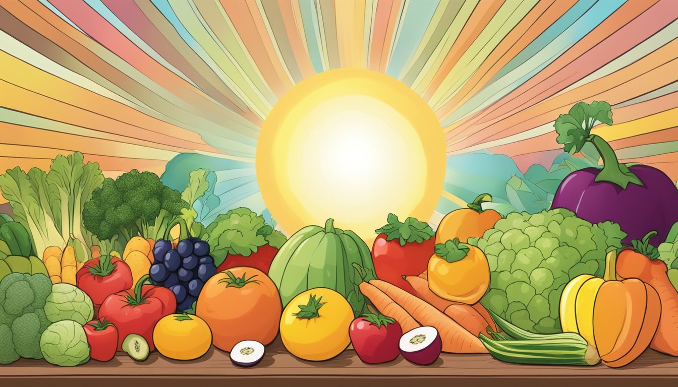 A colorful array of soft fruits and vegetables arranged on a table, with a smiling sun shining overhead