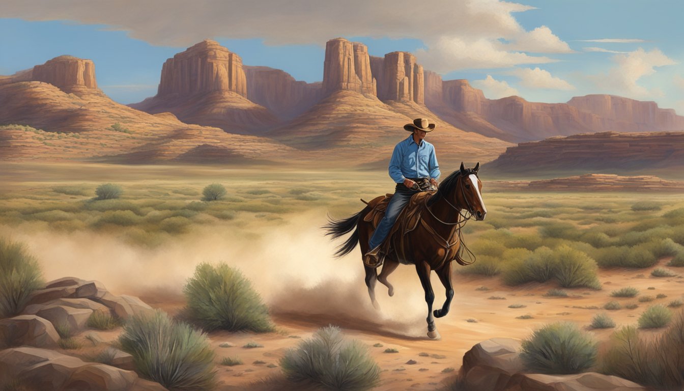 A lone cowboy rides through a rugged Texas landscape, passing by premier western art galleries