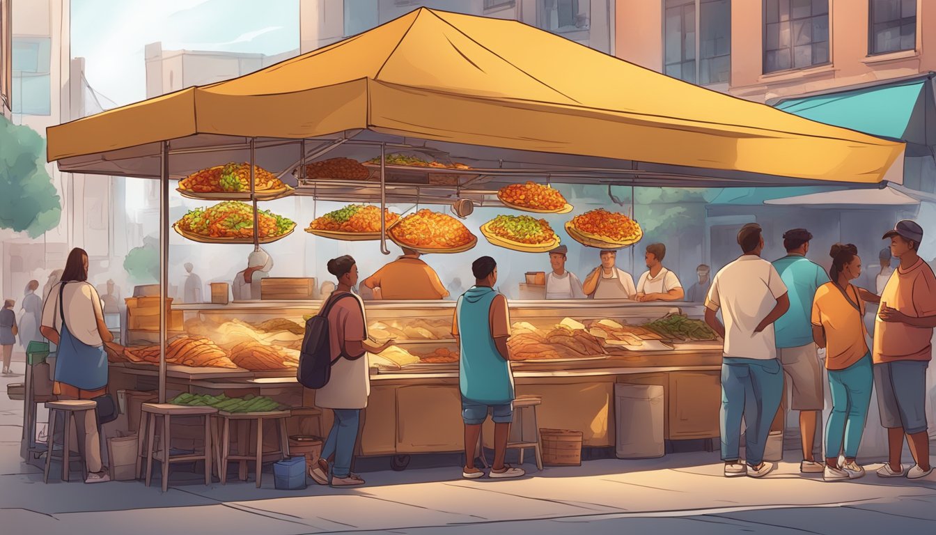 A bustling street food stall with a colorful array of tacos, customers chatting with the vendor, and the aroma of sizzling meat and spices in the air