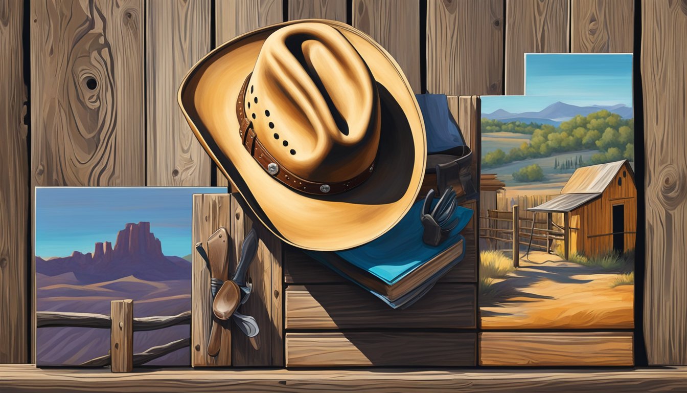 A cowboy hat rests on a weathered wooden fence, casting a shadow over a collection of vibrant western art pieces displayed in a premier gallery