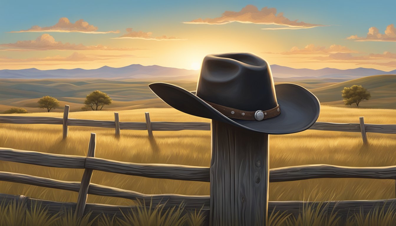 A lone cowboy hat rests on a weathered fence post, surrounded by rolling hills and a big Texas sky