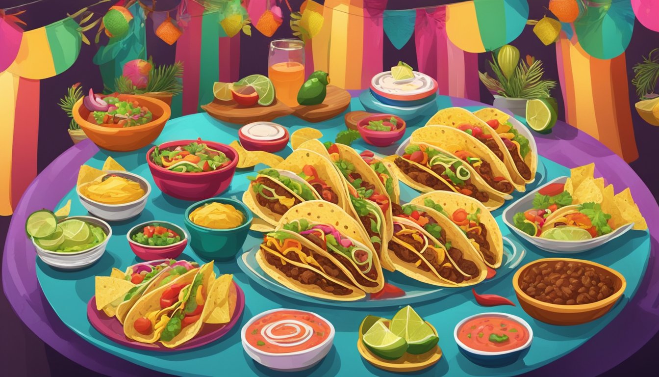 A festive table with an array of colorful tacos, surrounded by smiling guests and traditional Mexican decorations