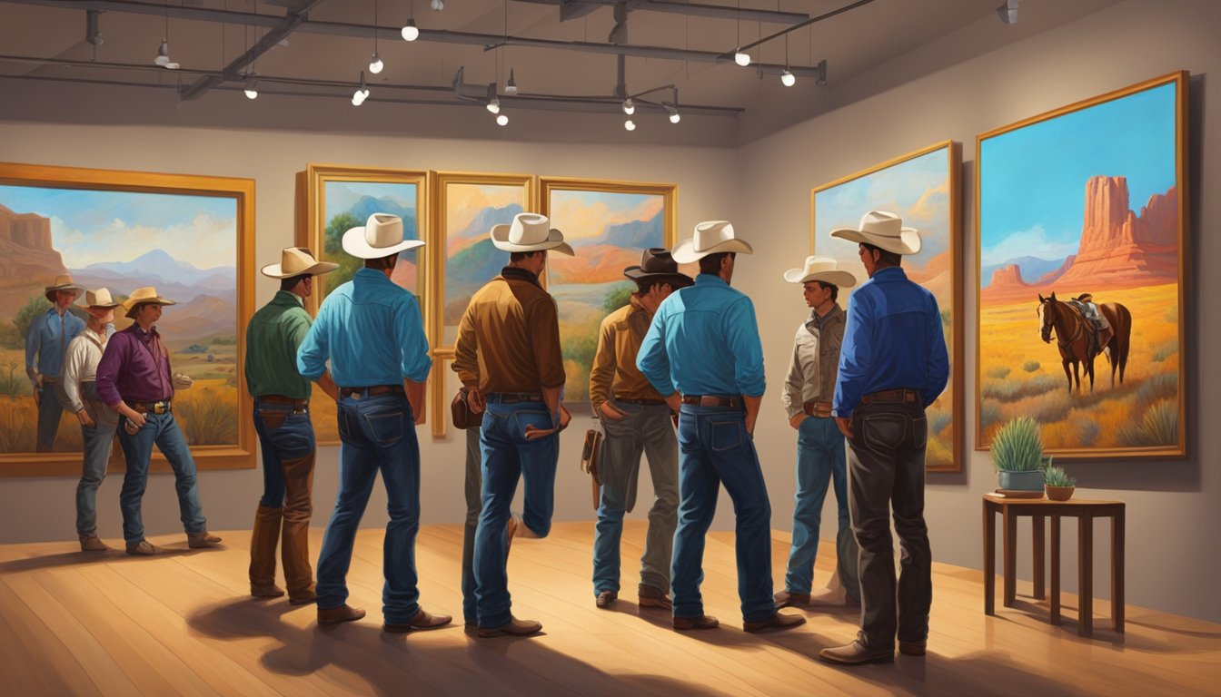 A group of Texas cowboys admiring vibrant paintings in a modern western art gallery