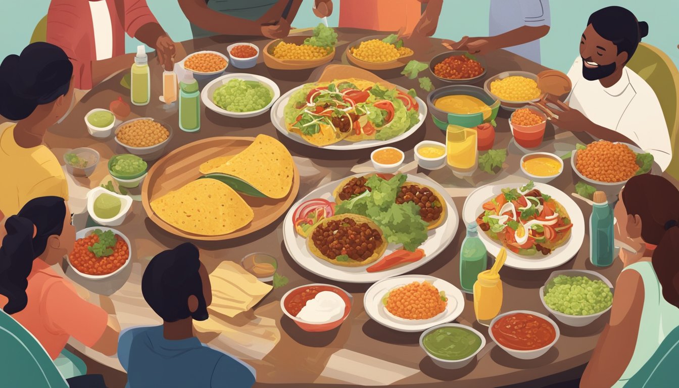 A table set with various taco ingredients and condiments, with people gathered around, smiling and chatting, as they prepare to enjoy a meal together