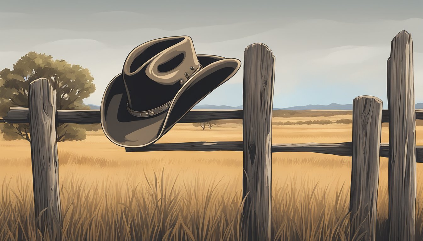 A lone cowboy hat hanging on a weathered fence post in front of a rustic art gallery in the heart of Texas