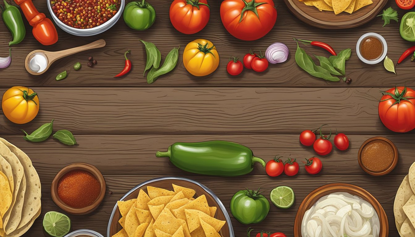 A colorful array of Texan taco sauce ingredients arranged on a rustic wooden table, including tomatoes, peppers, onions, and spices