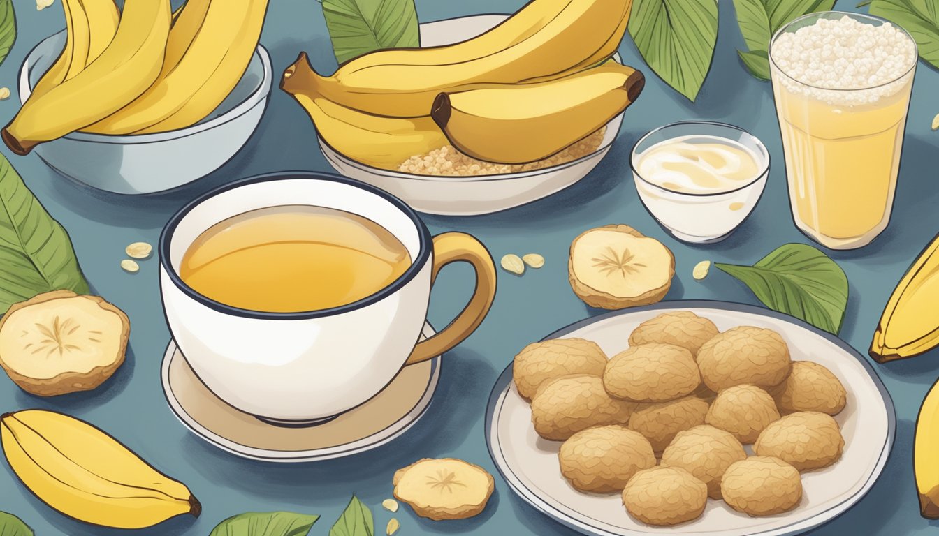 A steaming cup of ginger tea surrounded by gerd-friendly foods like bananas, oatmeal, and yogurt, set against a backdrop of soothing colors and natural elements