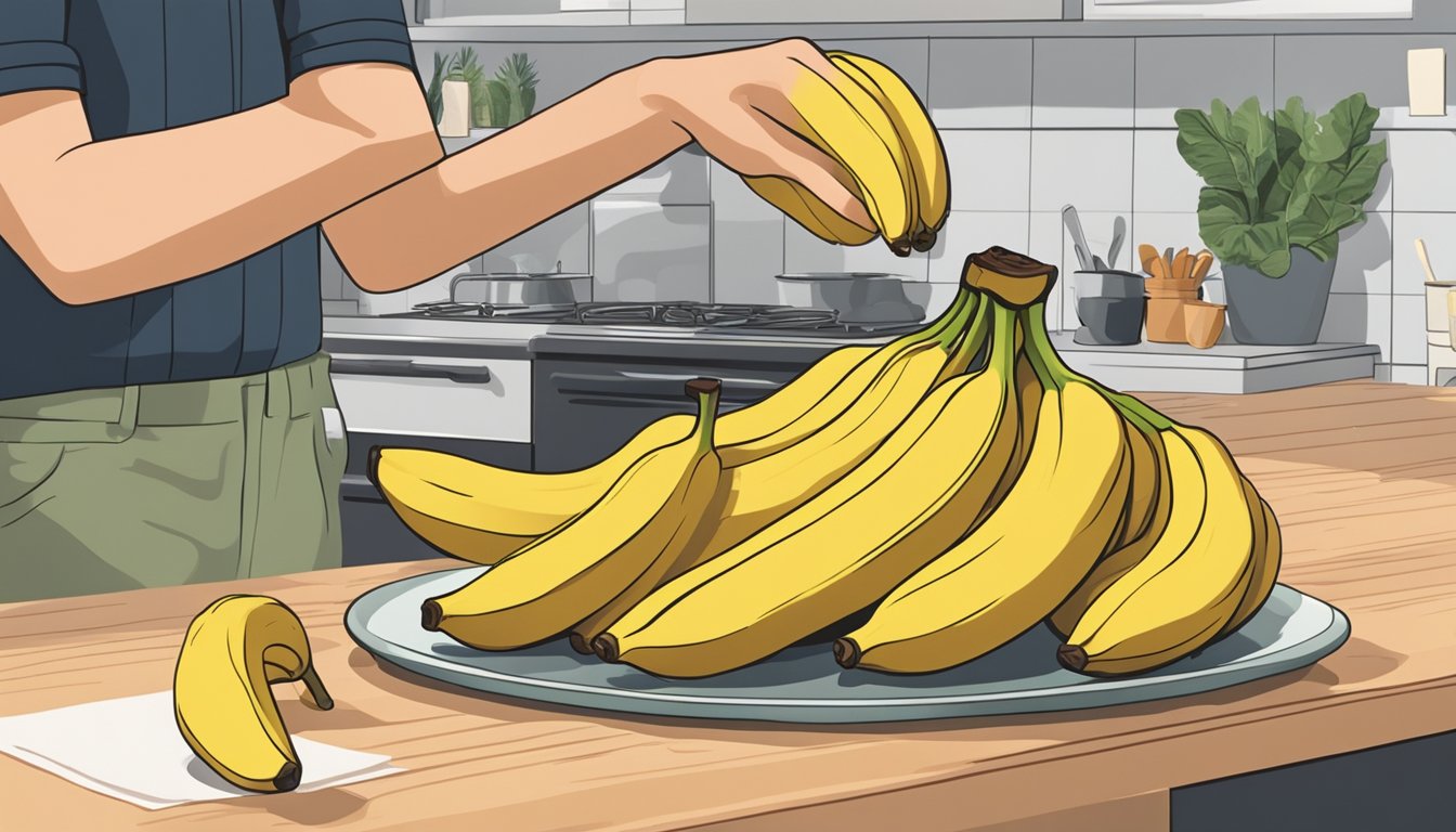 A person's hand reaching for a bunch of ripe bananas on a kitchen counter