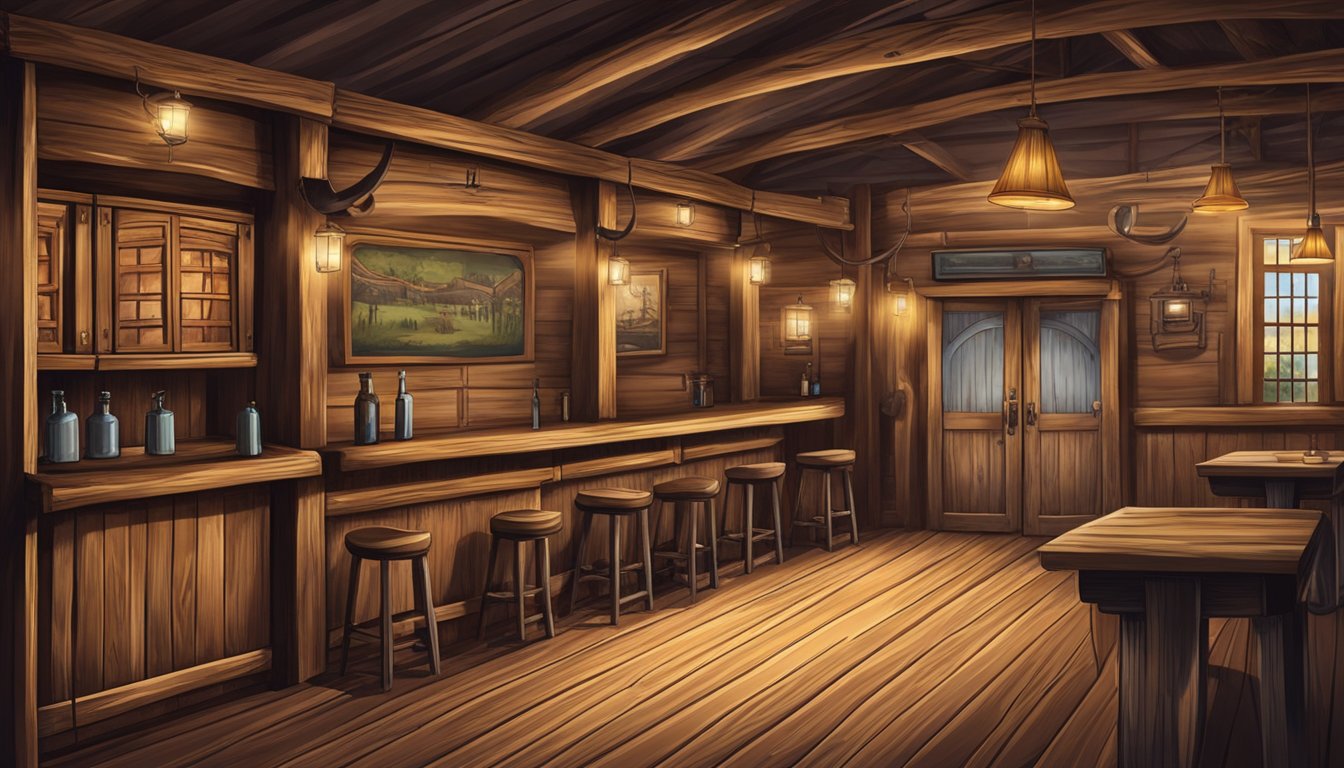 A rustic wooden saloon with swinging doors, a long bar, and cowboy hats hanging on the wall