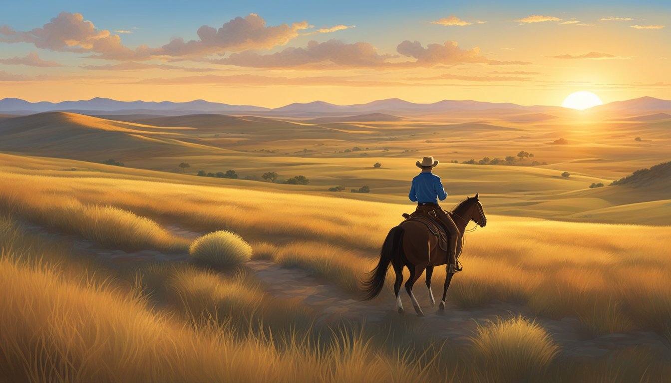 A lone cowboy rides across a vast, open prairie, surrounded by rolling hills and a big, blue sky. The sun sets behind him, casting a warm, golden glow over the landscape