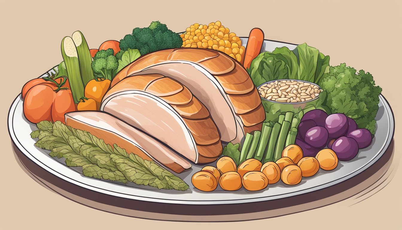 A plate with sliced turkey breast, surrounded by gerd-friendly foods like vegetables and whole grains, to ease acid reflux