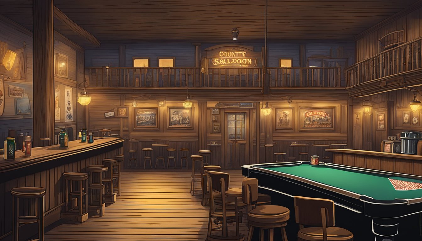 A dusty, dimly lit saloon with swinging doors, a long wooden bar, and a row of poker tables. A jukebox plays old country tunes as cowboys and outlaws gather for a drink