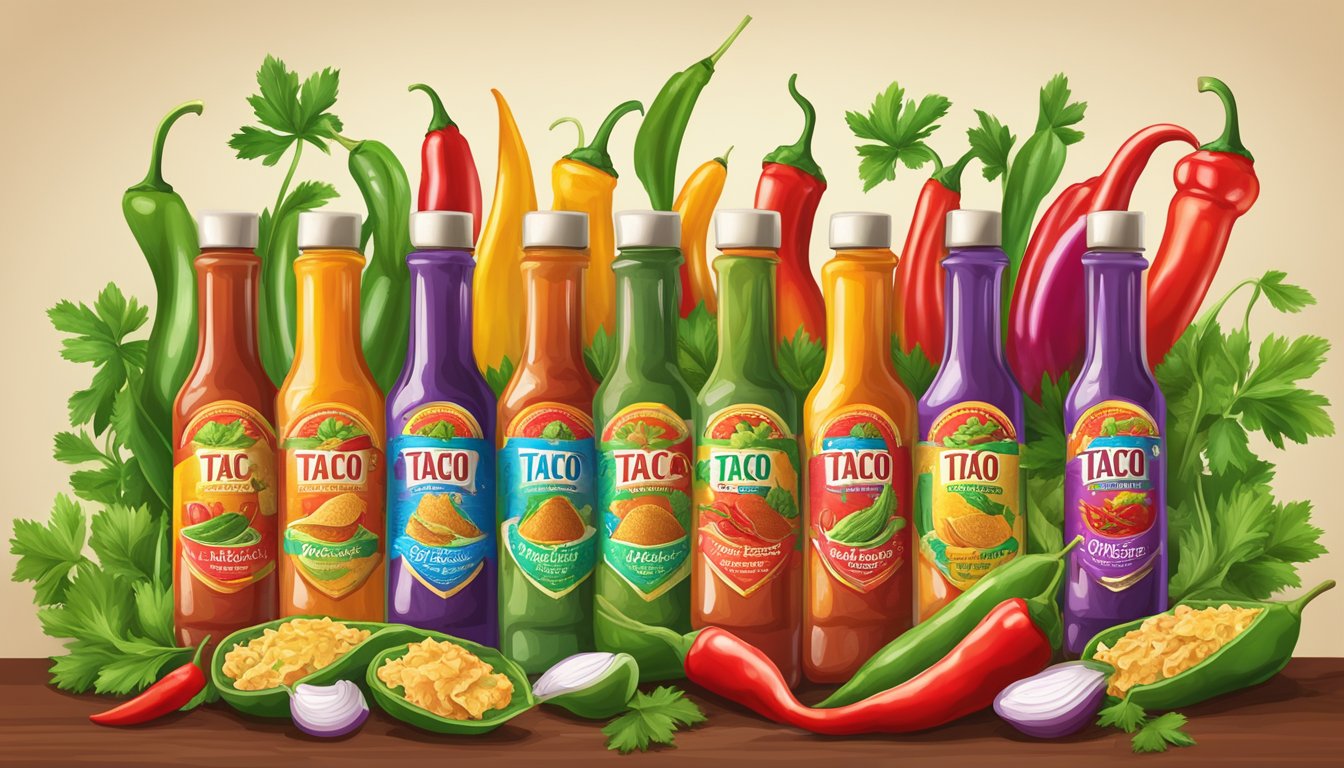 A colorful array of Texan taco sauce bottles, surrounded by vibrant chili peppers and cilantro leaves