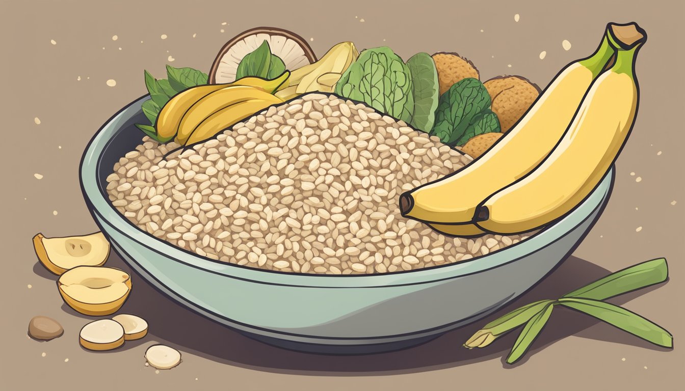 A bowl of brown rice surrounded by gerd-friendly foods like bananas, oatmeal, and ginger