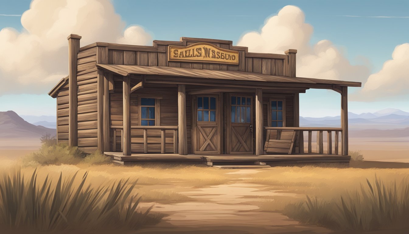 A rustic western saloon nestled in the Texas landscape, with a weathered wooden exterior, swinging saloon doors, and a sign bearing the name of the establishment