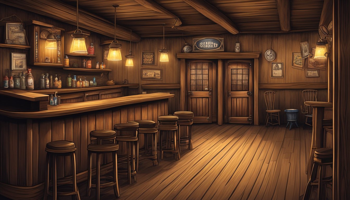 A rustic, dimly lit saloon with swinging doors, a long wooden bar, and cowboy hats hanging on the wall. A poker game is in full swing, and the sound of country music fills the air