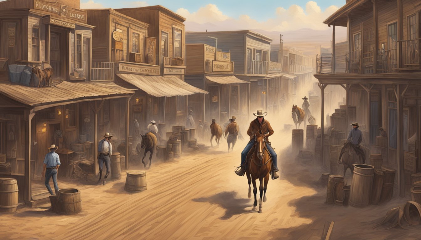 A lone cowboy rides through a dusty western town, surrounded by saloons and storefronts adorned with cowboy hats and horseshoes