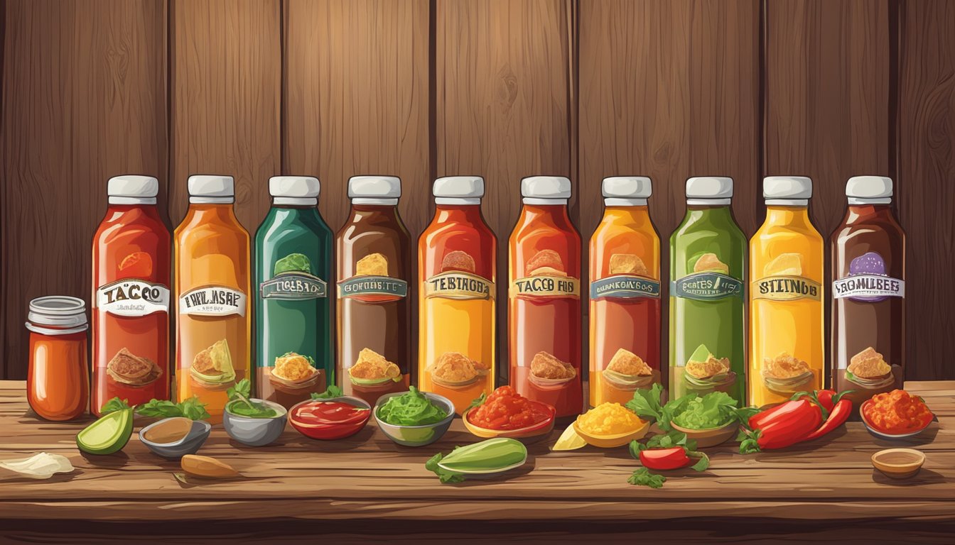 A colorful array of Texan taco sauces, ranging from mild to spicy, displayed on a rustic wooden table with fresh ingredients in the background