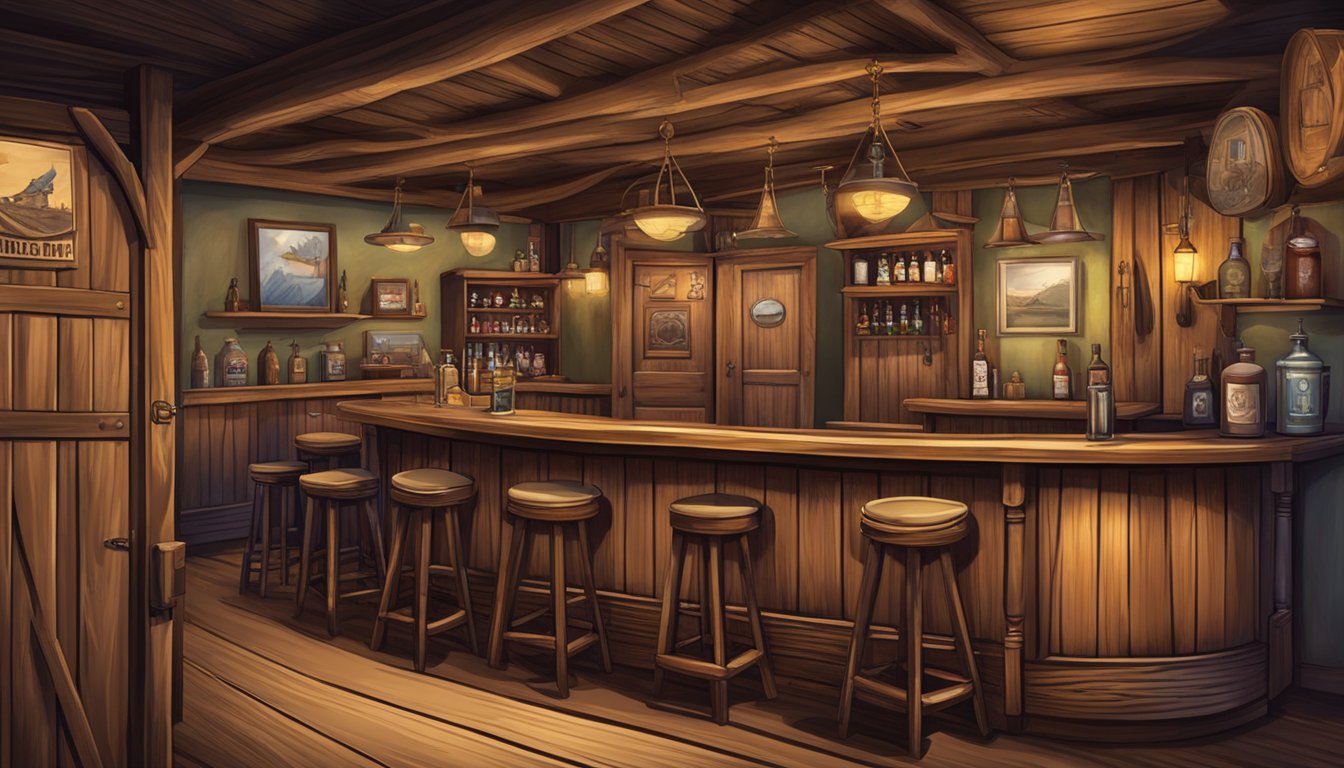 A rustic western saloon with swinging doors, a long wooden bar, and cowboy memorabilia on the walls