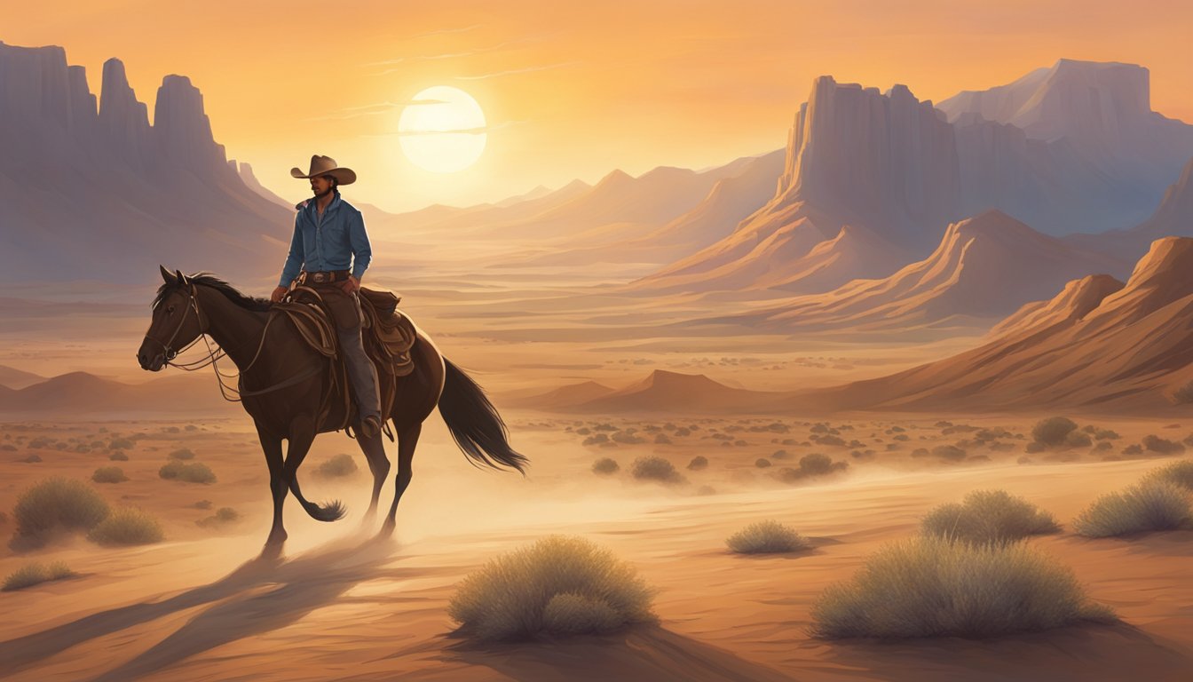 A lone cowboy rides across a dusty desert landscape, with a backdrop of rugged mountains and a setting sun