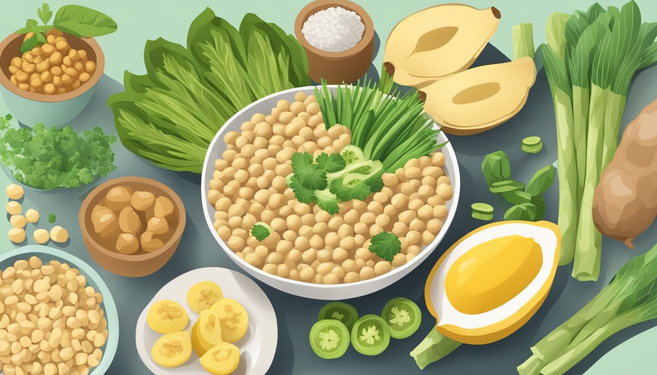 A bowl of chickpeas surrounded by gerd-friendly foods like oatmeal, bananas, and green vegetables