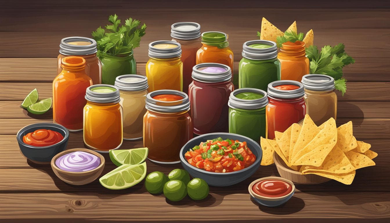 A colorful array of Texan taco sauces and garnishes arranged on a rustic wooden table