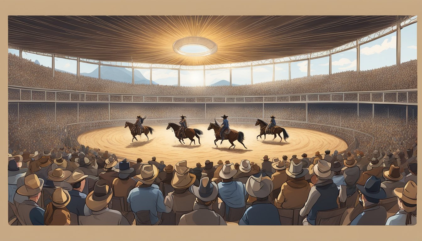 A group of cowboys performing a western-themed show in a large arena, with a crowd of spectators watching and cheering