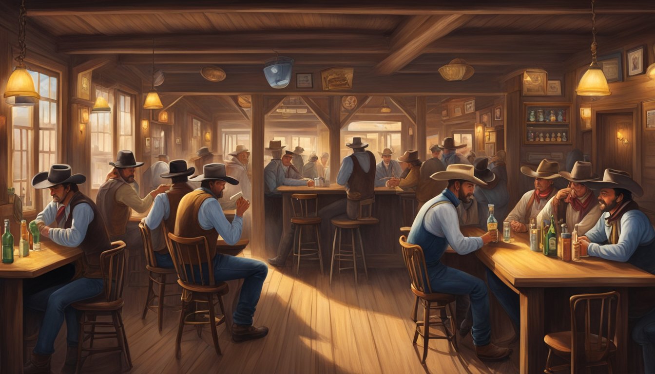 A bustling western saloon in Texas, with swinging doors, a long bar, and cowboys gathered around tables, playing cards and enjoying drinks