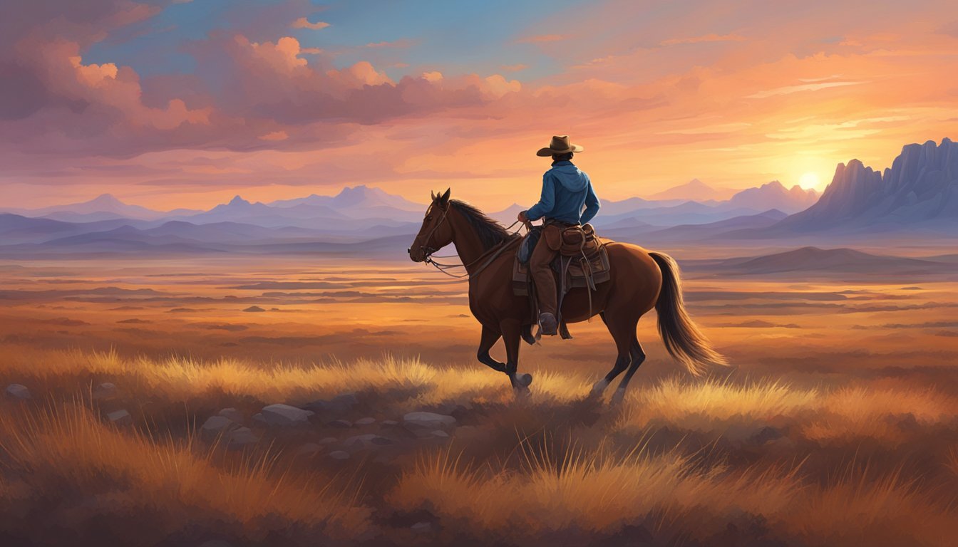 A lone cowboy rides across a vast, open plain, with rugged mountains in the distance and a colorful sunset filling the sky