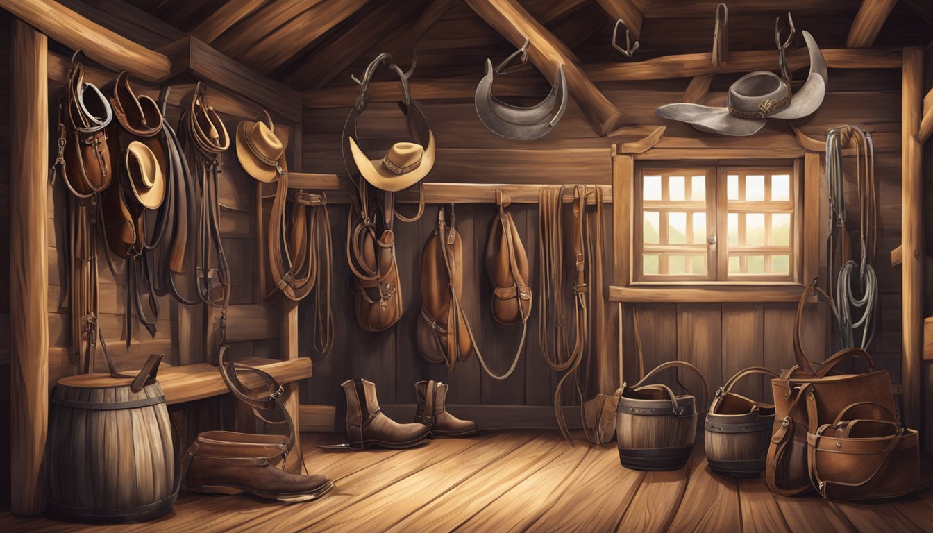 A rustic, weathered barn with leather saddles, cowboy hats, and horseshoes hanging on the walls. A lasso and spurs are displayed on a wooden table