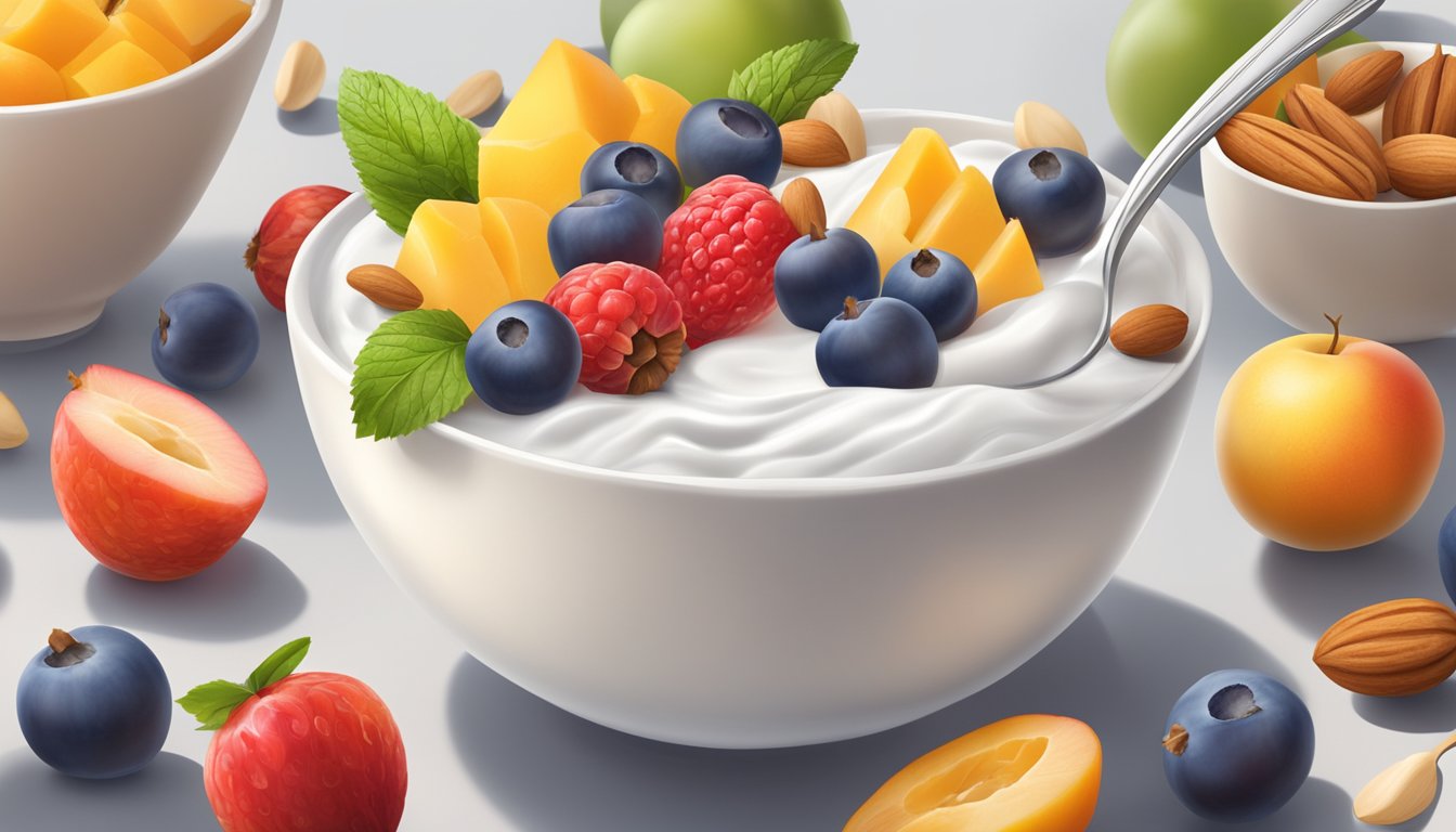 A bowl of Greek yogurt surrounded by colorful fruits and nuts, with a spoon resting on the side