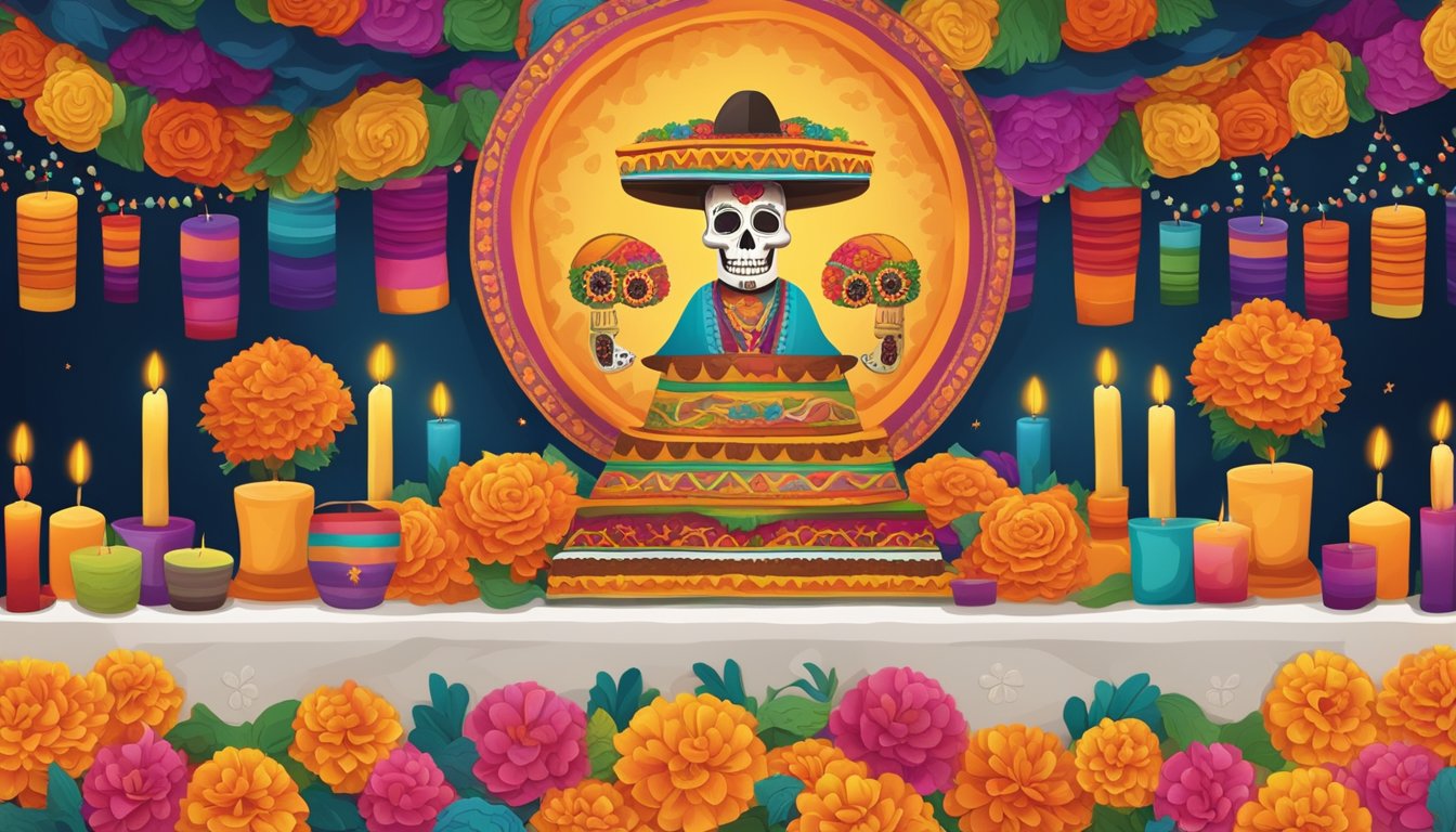 A colorful altar adorned with marigolds, papel picado, and traditional Mexican tacos, surrounded by flickering candles and sugar skulls