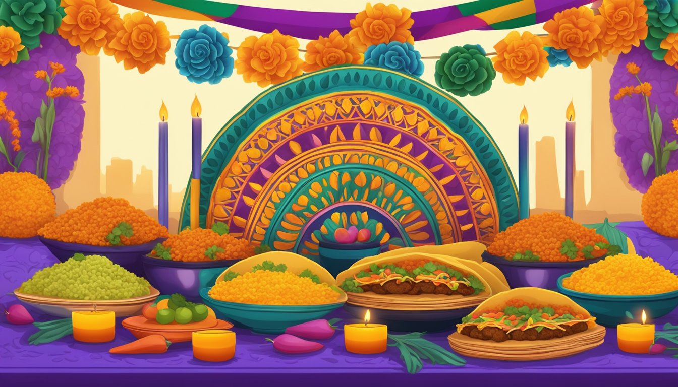 Traditional tacos displayed on a colorful altar with marigold flowers and candles for Mexico's Day of the Dead