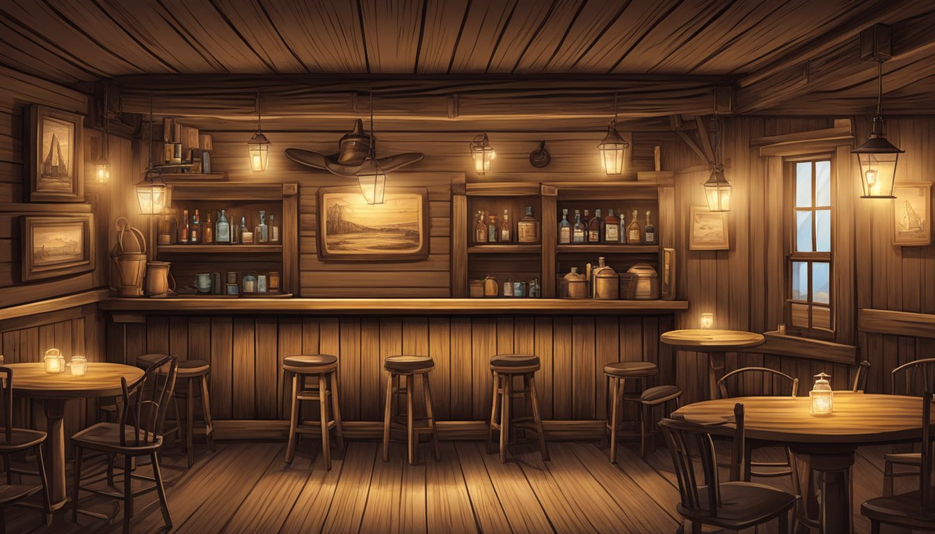 A rustic saloon with swinging doors, a weathered bar, and cowboy hats hung on the walls. A flickering lantern casts a warm glow over the room