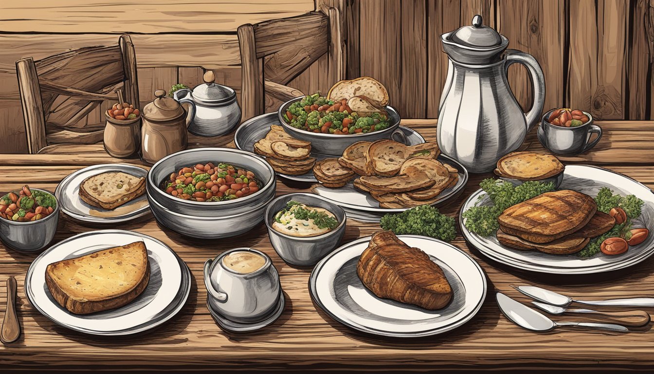 A rustic table set with cowboy-themed dinnerware and a spread of hearty western cuisine