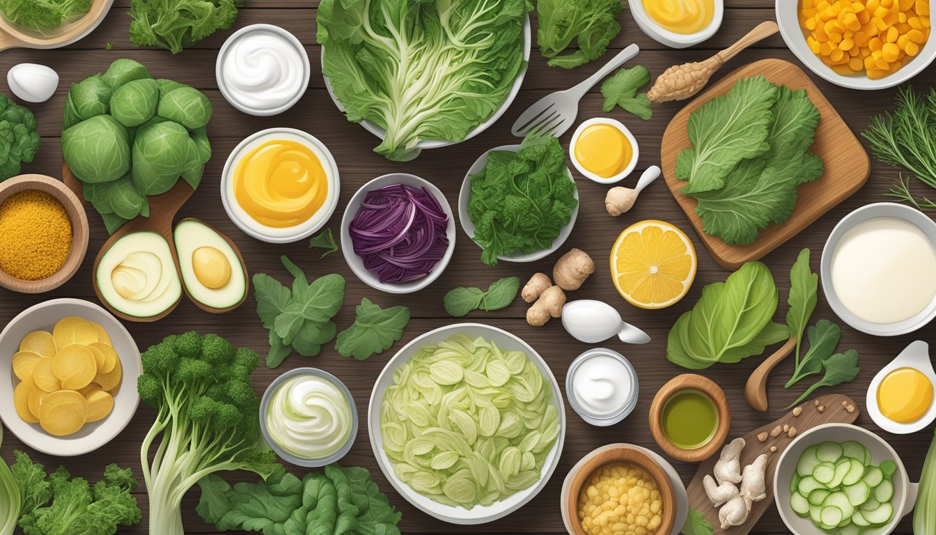 A colorful array of fennel, yogurt, leafy greens, and probiotic-rich foods displayed on a wooden table, surrounded by digestive-friendly ingredients like ginger and turmeric