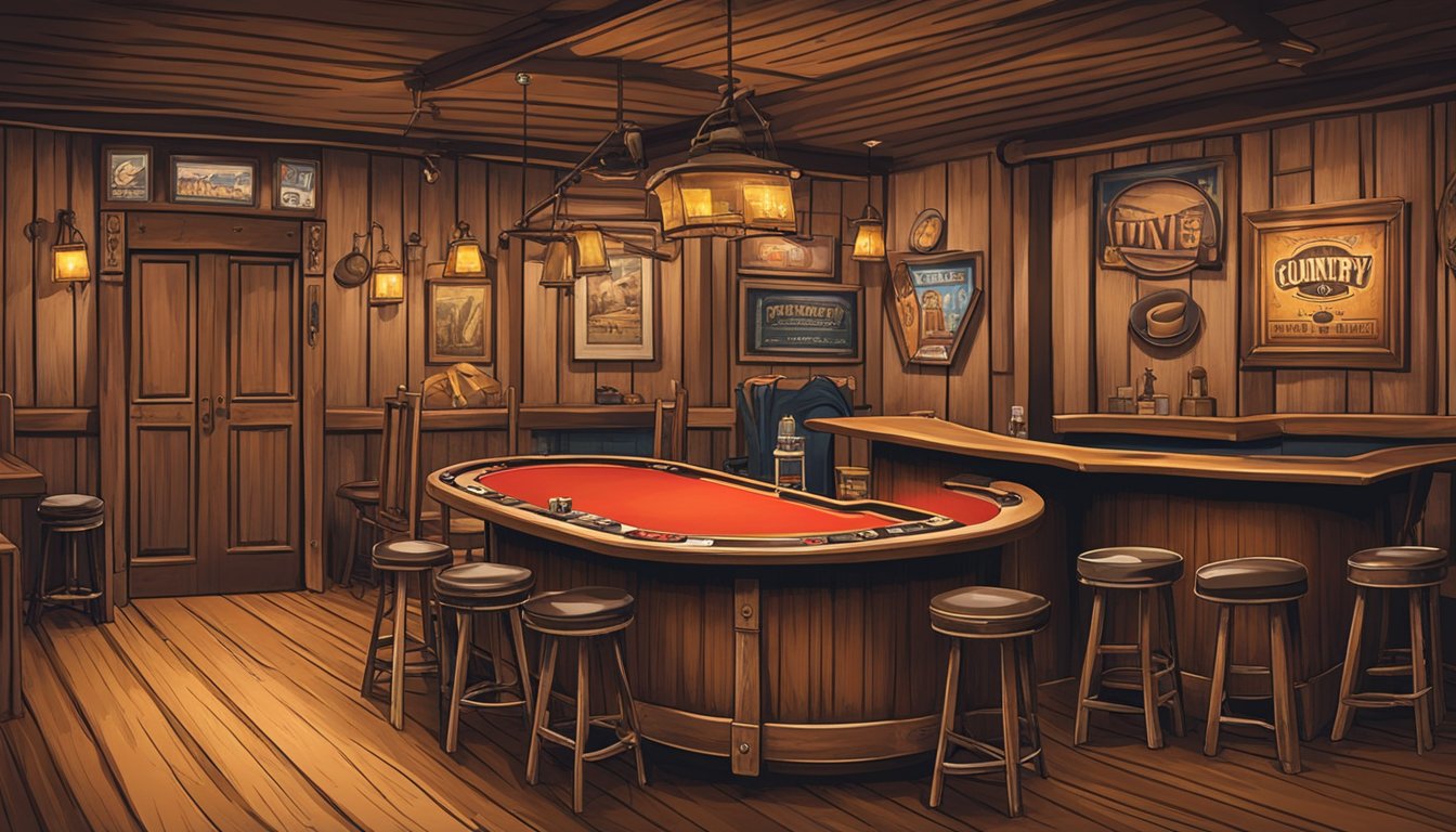 A rustic saloon with swinging doors, a wooden bar, and cowboy hats hanging on the walls. A stage is set for live country music, and a poker table is surrounded by leather chairs