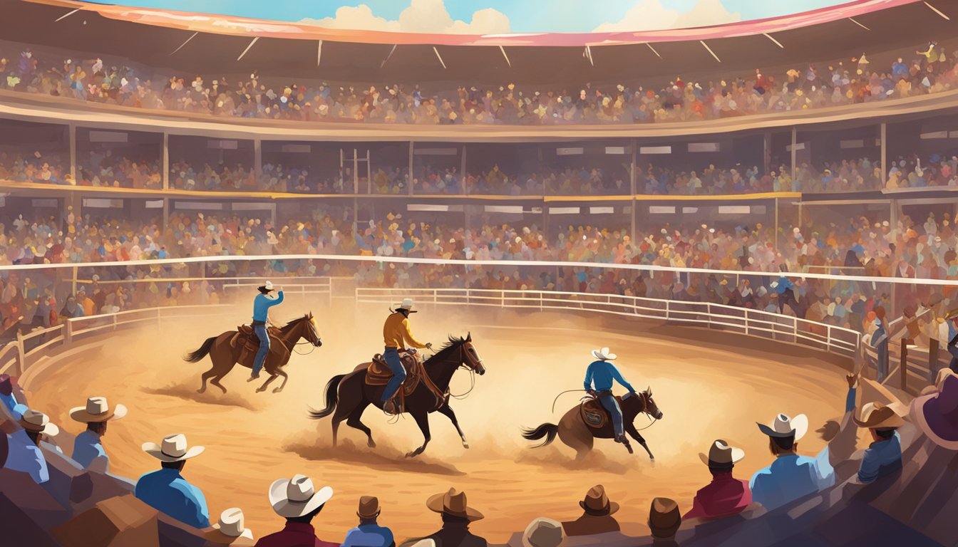 A dusty rodeo arena with cheering spectators, cowboys riding bucking broncos, and a colorful display of western-themed decorations and banners