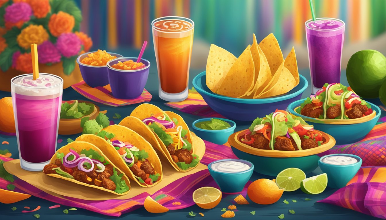 A colorful spread of traditional Mexican tacos and vibrant beverages set against a festive Day of the Dead backdrop