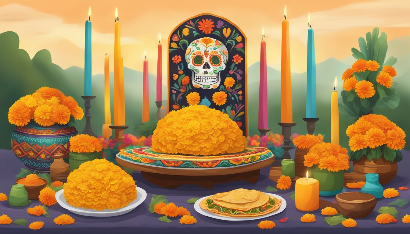 A colorful altar adorned with marigolds, candles, and traditional tacos, symbolizing the connection between past and present in Mexico's Day of the Dead celebrations