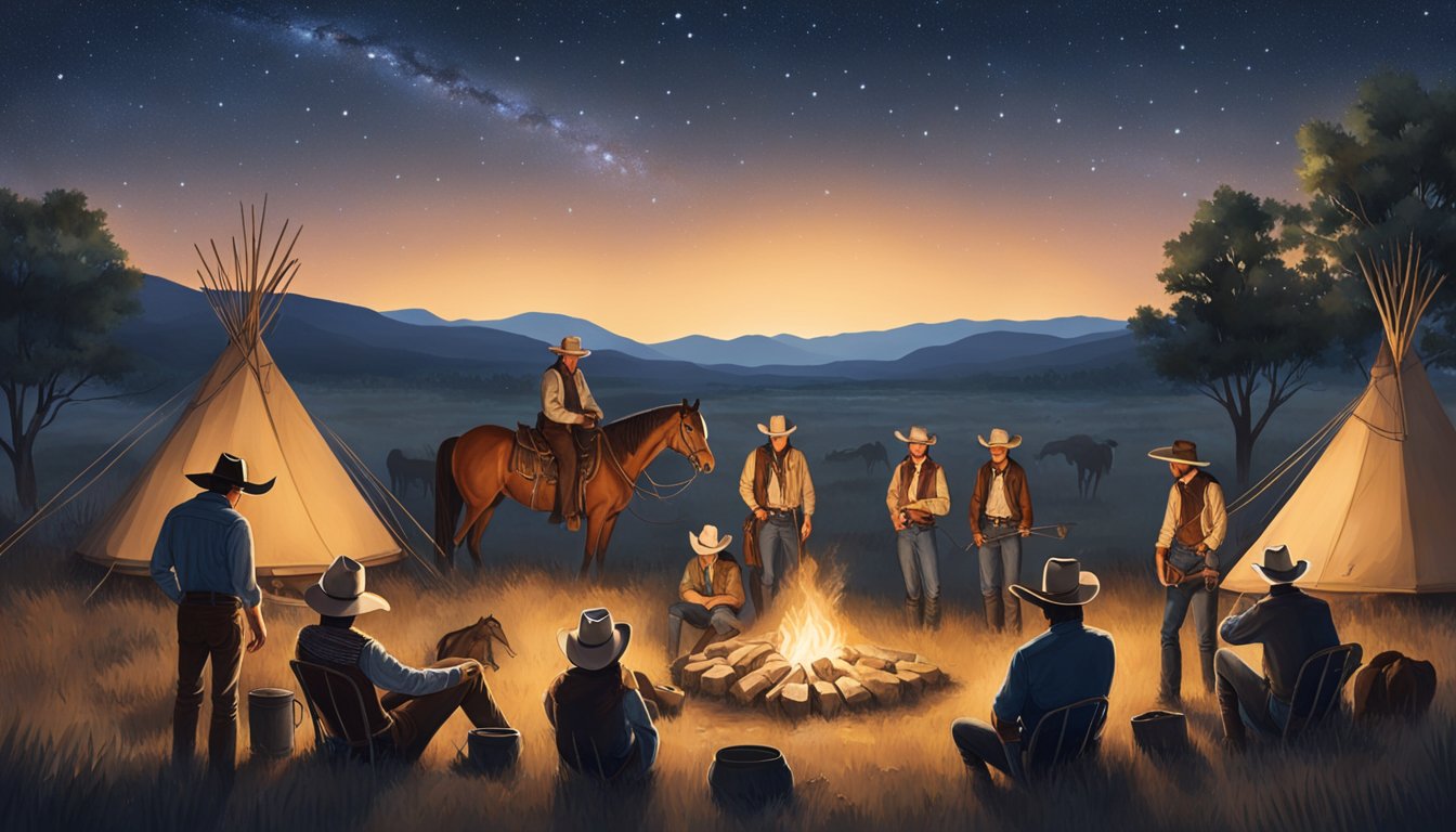 A group of cowboys gathered around a campfire under the starry Texas sky, with their horses grazing nearby and the sound of country music filling the air