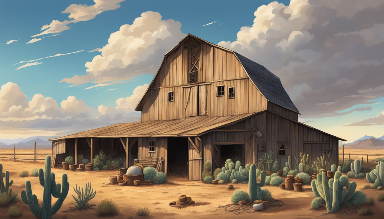 A rustic barn adorned with cowboy hats, horseshoes, and lassos, surrounded by cacti and tumbleweeds under a big Texas sky