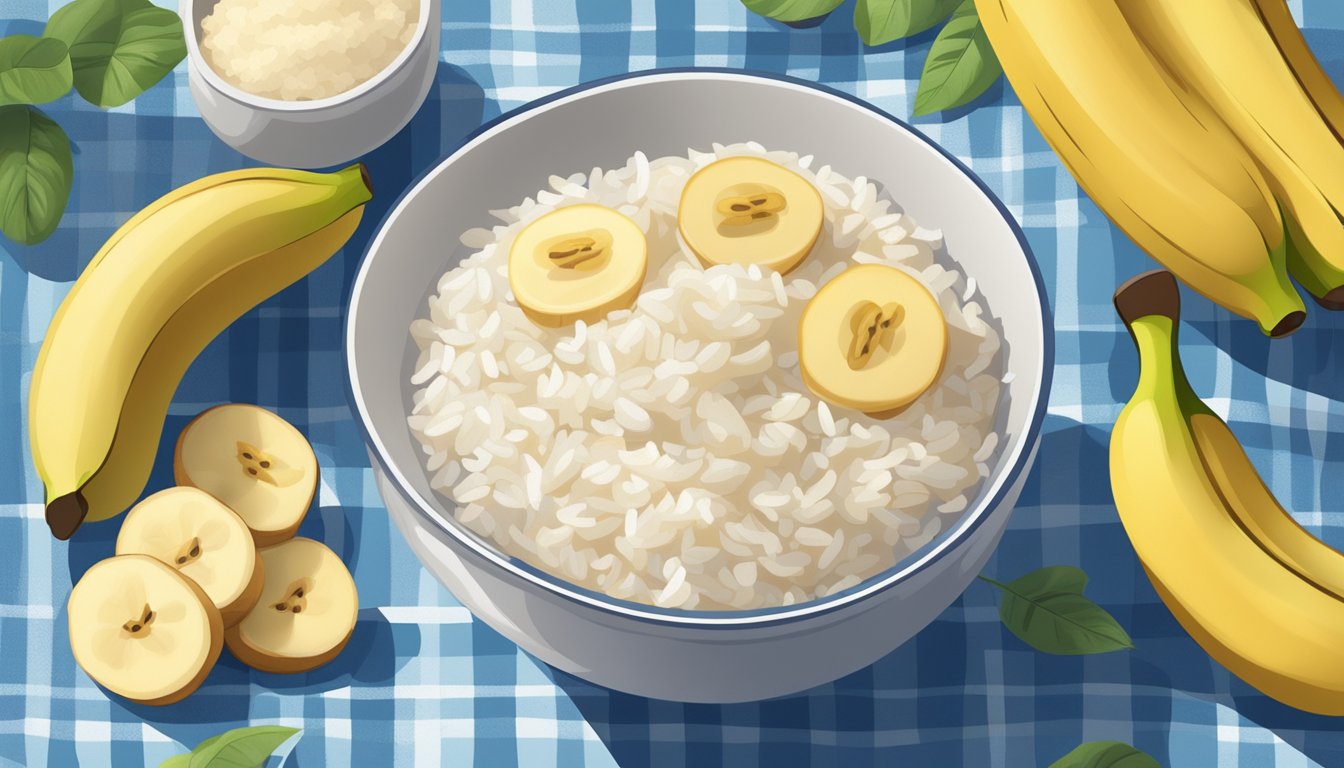 A bowl of steaming white rice surrounded by bananas, applesauce, and toast, all set on a calming blue tablecloth