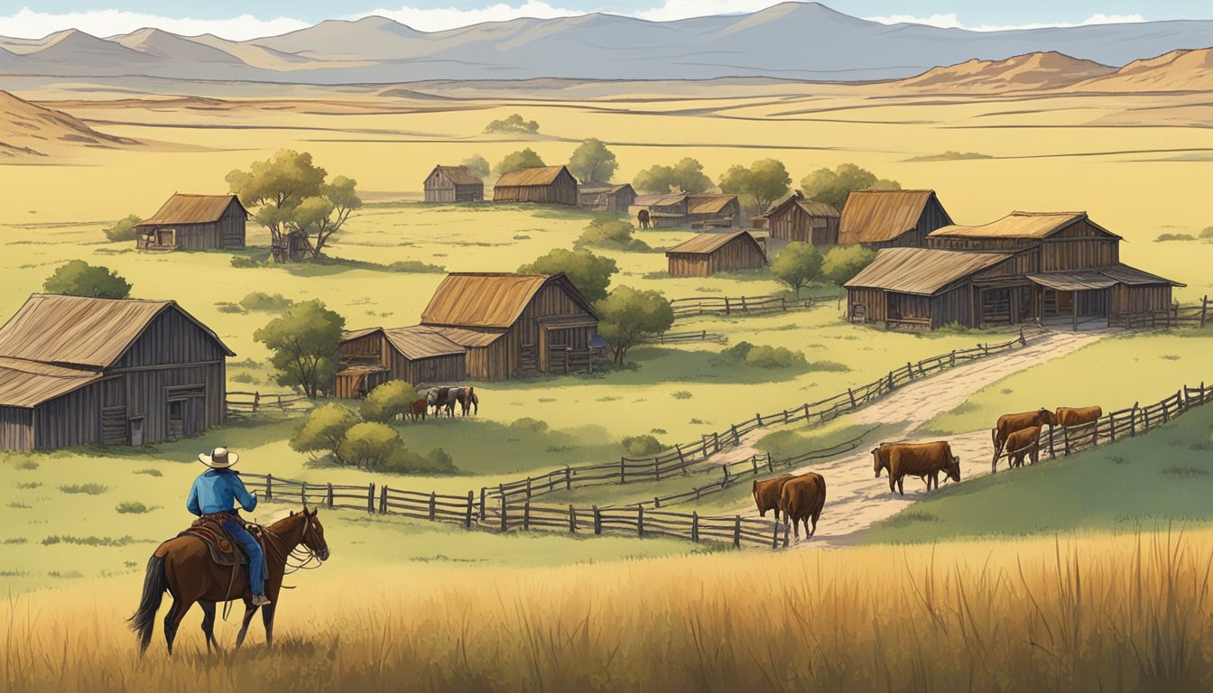 A lone cowboy rides through a vast, open prairie dotted with grazing cattle and rustic wooden ranch buildings