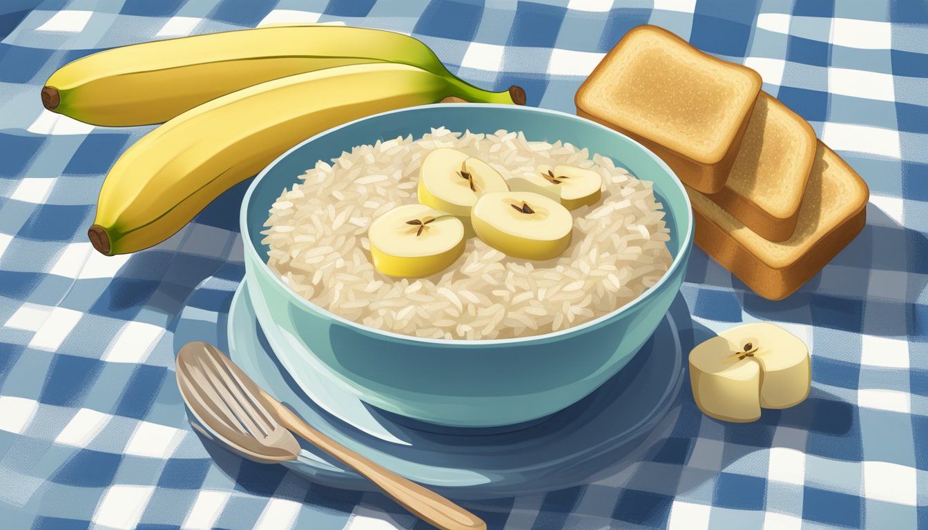 A bowl of applesauce surrounded by bananas, rice, and toast on a calming blue tablecloth