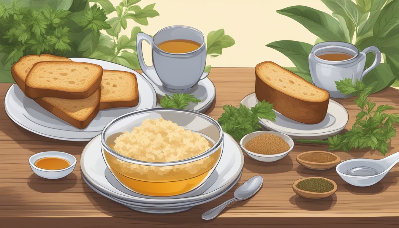 A plate of toasted bread, rice, applesauce, and tea on a wooden table, surrounded by calming herbs and spices