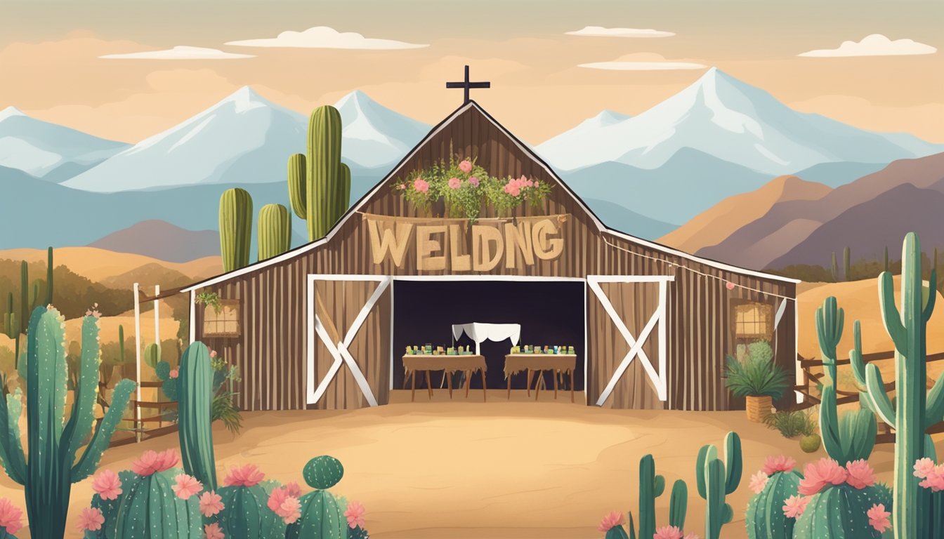 A rustic barn adorned with burlap and lace, surrounded by rolling hills and cacti, with a wooden sign welcoming guests to a western themed wedding