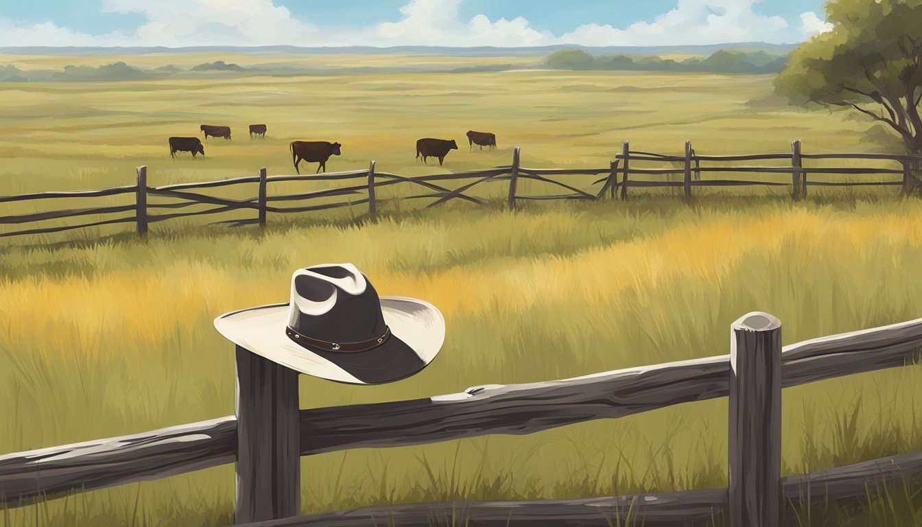 A lone cowboy hat rests on a weathered wooden fence, overlooking a vast expanse of Texas prairie dotted with grazing cattle