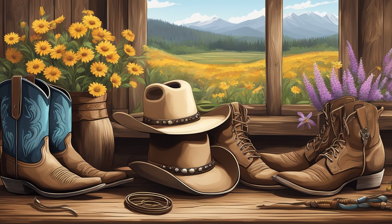 A rustic barn setting with cowboy hats, bolo ties, and leather boots on a wooden table, surrounded by wildflowers and horseshoes